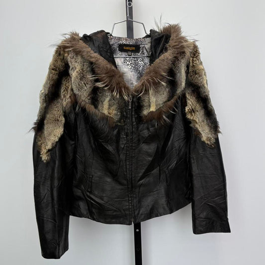 Small Garcia black leather jacket with fur trim and hood Italian 42