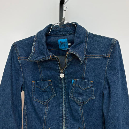 XS/S navy western denim jacket with zippers and pockets
