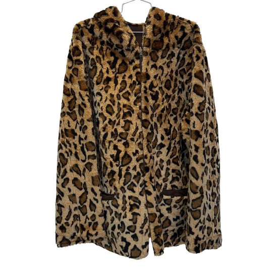 XL leopard print faux fur zip up reversible jacket with hood