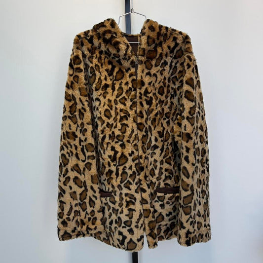 XL leopard print faux fur zip up reversible jacket with hood
