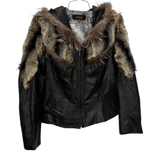 Small Garcia black leather jacket with fur trim and hood Italian 42