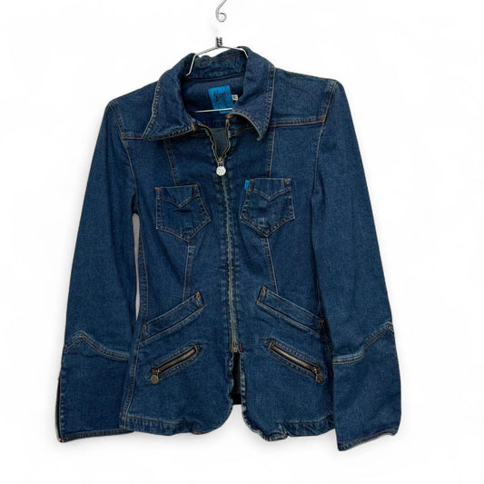 XS/S navy western denim jacket with zippers and pockets
