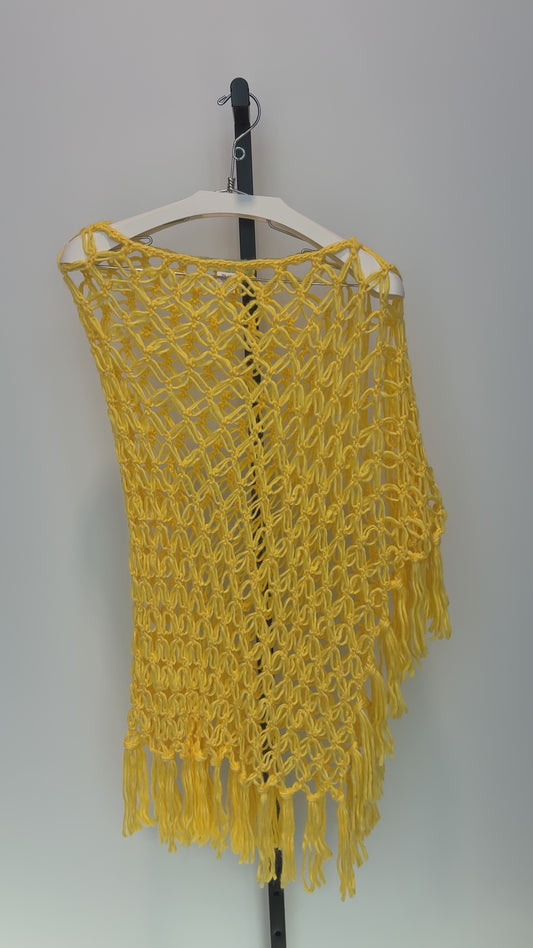 OS yellow fringe crochet poncho top